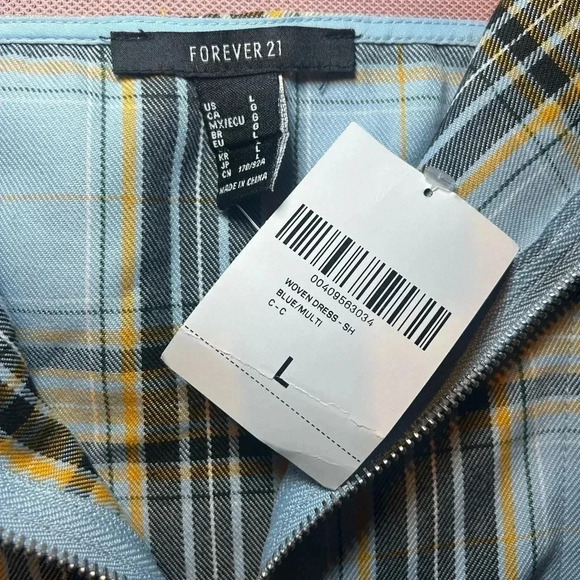 NWT Bodycon Mini Dress Blue/Yellow Plaid Forever 21 Adjustable Straps Zip - Picture 5 of 5